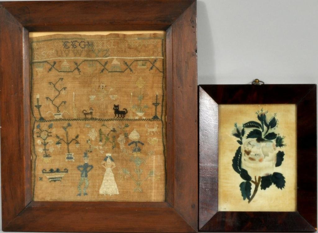 Small Framed Sampler and Small Framed Theorem: Two hand worked textiles, 19th century, comprising a linen alphabet sampler and a theorem painting of a rose on velvet, both framed, not examined out of frames. Sight: 7 1/2" high, 5 1/2" long; Frame: