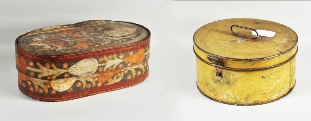 Scandinavian/European Painted Bentwood Brides' Box: Scandinavian or European painted bentwood brides' box, 19th C., top and sides with tulips and leaves in red and white on a blue ground, together with a faux painted tole handled box. 10 1/4" high, 18"