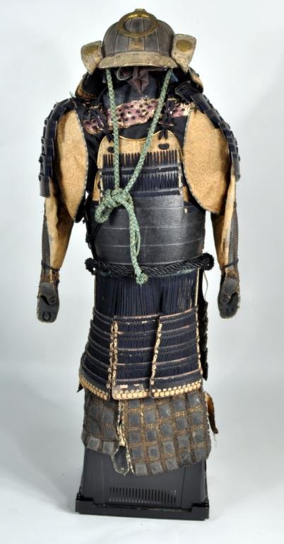 19th Century Japanese Armor, Helmet: 19th Century Japanese Armor, Japanese Tosei Gusoku armor, comprising gilt metal mounted kabuto (helmet) and body armor in iron, lacquer, silk, and iron mesh with purple and black lacings. Condition: L