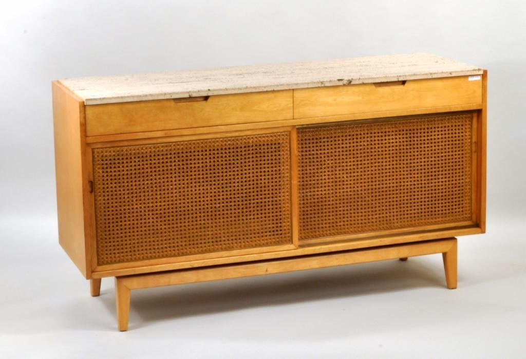 Danish Modern Marble Top Credenza: Danish modern marble top credenza, 20th century, having a mottled beige marble top, over two long shallow drawers above two caned sliding doors, interior with four adjustable shelves. 30 3/4" high, 56