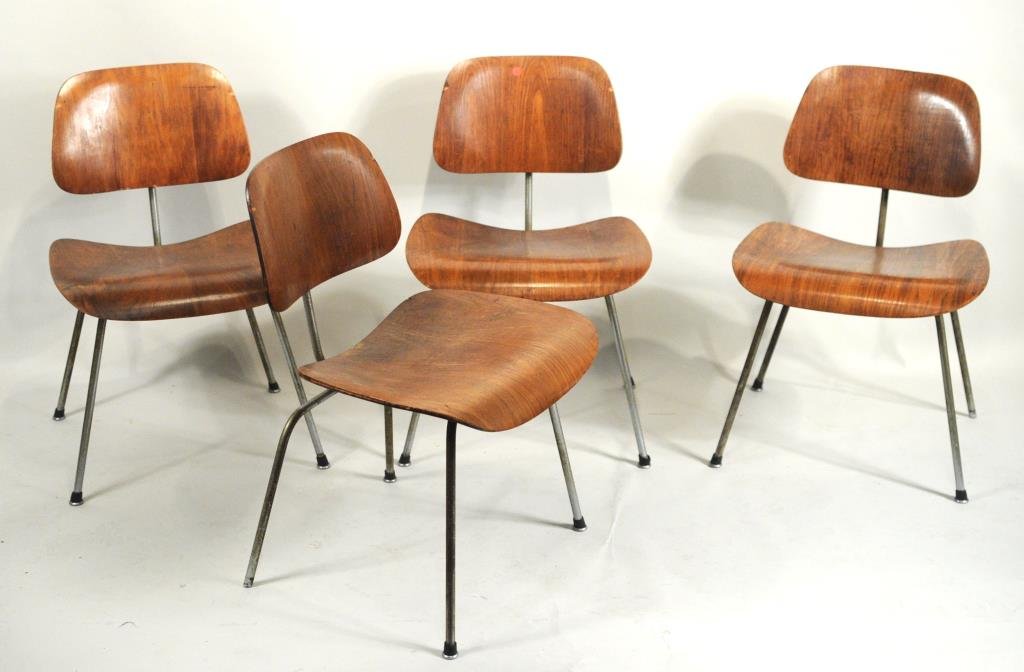 Set Four Herman Miller/Eames Plywood Form Chairs: Set of four Charles Eames design, by Herman Miller of Zeeland, Michigan, molded plywood side chairs, 20th century, one with original legible label on underside. 29 3/4" high, 19 1/2" wide, 16 1/2" dee