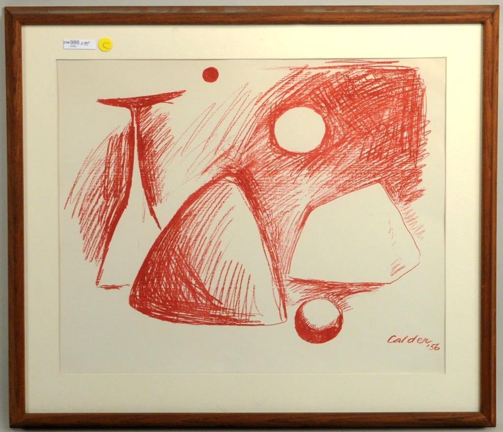 A. Calder, Lithograph, 1952: Alexander Calder (Am. 1898-1976), "Red Shapes" lithograph, signed, dated in plate lower right "Calder 56", framed, not examined out of frame. Sight: 17 1/2" high, 21 1/2" wide; Frame: 24" high, 27" wi