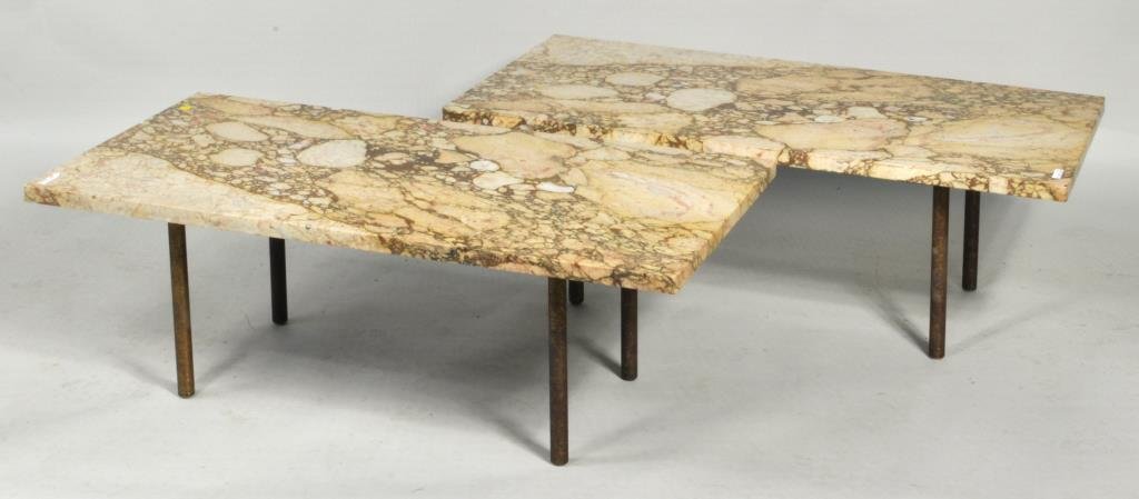Pair Marble Top Modern Low Tables: Pair of modern marble top rectangular low tables, 20th century, with dark red and cream marble tops on brass tubular legs. 40" long, 20" wide, 13 1/2" high. Condition: some edge chips.