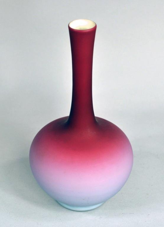 Peachblow Style Art Glass Vase: Possibly Webb Peachblow art glass vase, circa 1900, shading from red to mauve, cased in white, unsigned. 11" high, 5 3/4" wide. Condition: several small scuffs, dark spots.