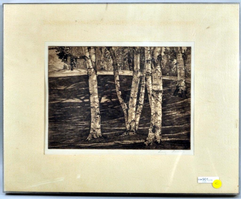 Luigi Lucioni Etching: Luigi Lucioni, American, 1900 - 1988, 'Birches' etching limited to 250 copies by Associated American Artists, signed in pencil L.R. Luigi Lucioni. Framed, not examined out of frame. Sight: 9 1/2", 12 