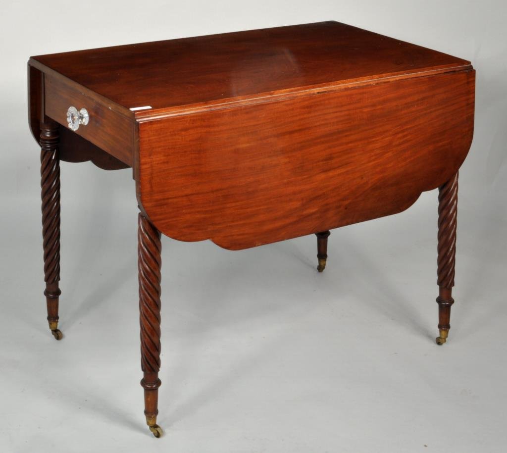 Sheraton Rope Leg Pembroke Table: Amercan Sheraton carved mahogany Pembroke or breakfast table, with two elliptical drop leaves and four spiral carved legs ending in brass cup casters, probably New York, early 19th century. 28 1/2" hi