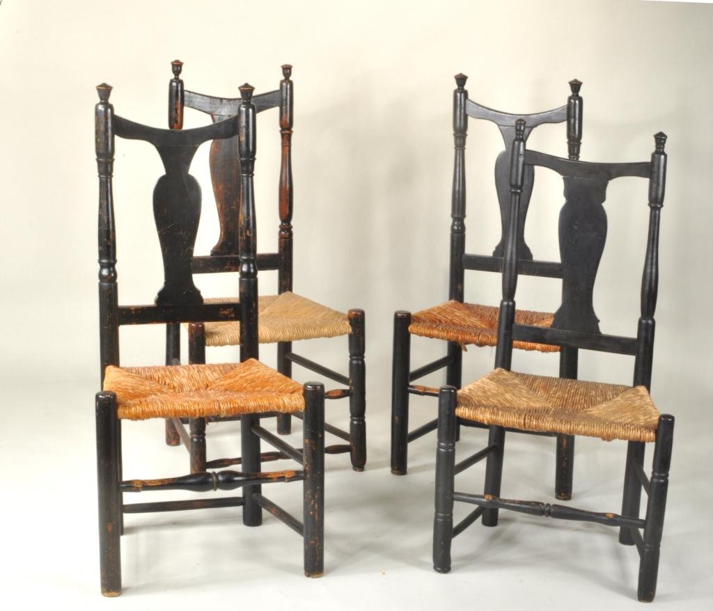 Group Four NE Queen Anne Side Chairs: Assembled group of four New England Queen Anne side chairs, 18th/19th century, in black paint, with U form crest rail above urn form splat flanked by turned stiles with urn finials on columnar front l