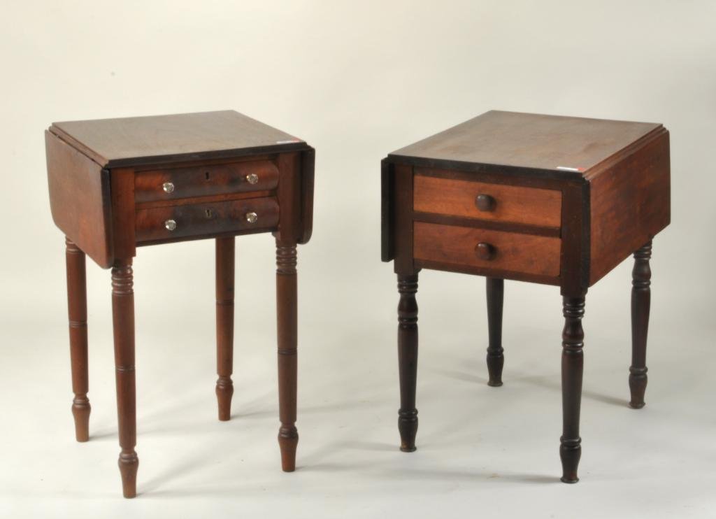 Two Sheraton Dropleaf Work Tables: Two Sheraton mixed woods dropleaf work tables, 19th century, both having two drawers on turned legs. First table open: 28 1/2" high, 18" long, 17 1/4" deep. Second table open: 27" high, 18 1/4" long, 