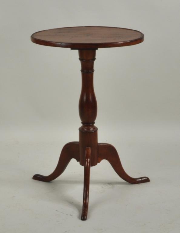American Queen Anne Oval Top Candlestand: American Queen Anne oval top candlestand, 18th century, top with molded edge on turned stem on snake feet. Dimensions: 27: high, 21" wide, 18" deep. Condition: age cracks, stains, marring to top, chip