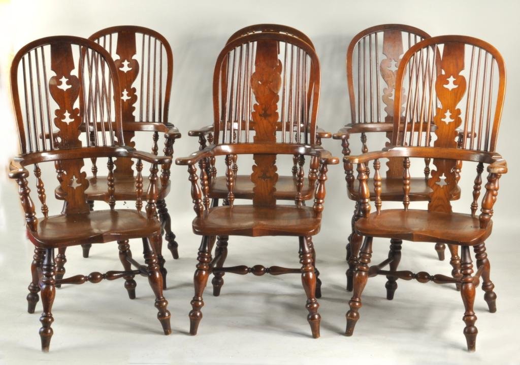 Set Six English Style Hoop Back Windsor Arm Chairs: Matched set of six English style wheel or hoop back Windsor arm chairs, with pierced splat and shaped seats, branded on seat bottom "Conant Ball Furniture Makers". 44 3/4" high, 24 7/8" wide, 17 1/2" 
