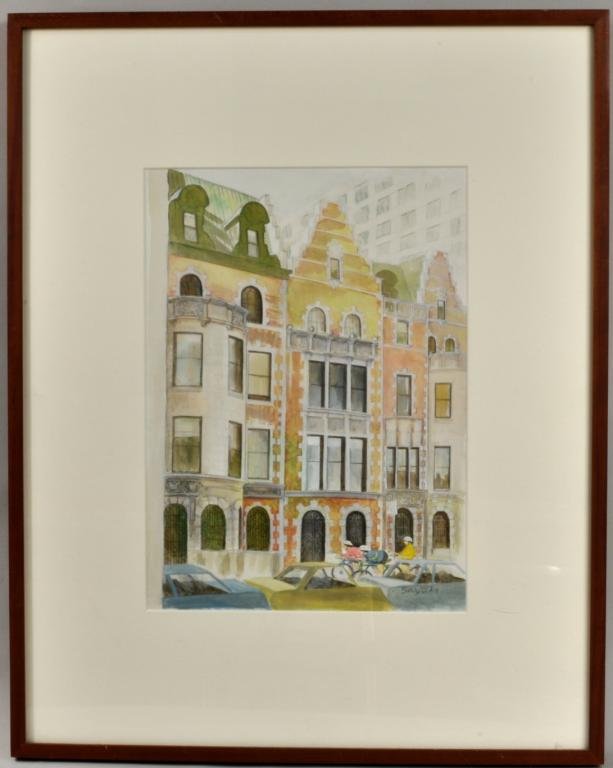 Charles Saxon (CT 1920-1988) Illustration: Charles David Saxon, Connecticut, 1920 - 1988, 'Cyclist in NYC' (probably a New Yorker cover illustration), watercolor and pencil on paper, signed lower right Saxon, framed, not examined out of frame.