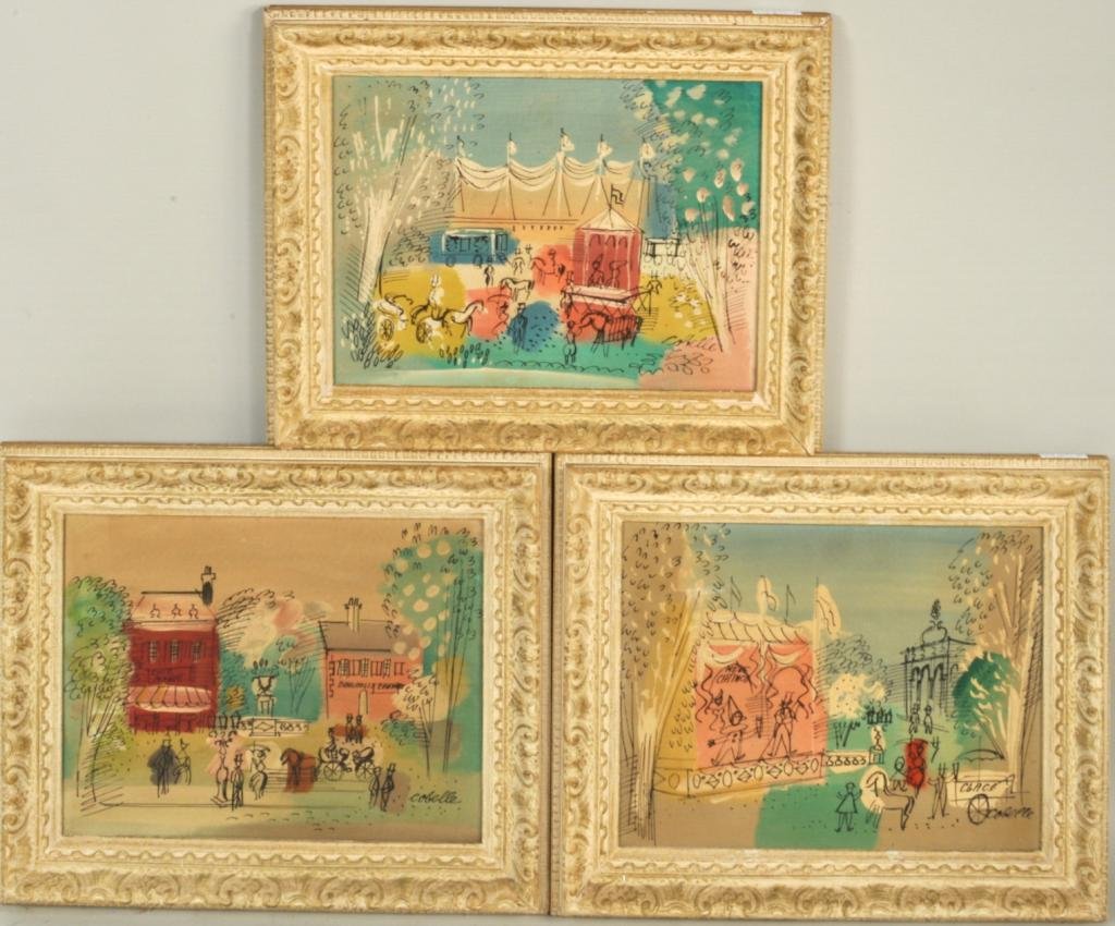 C. Cobelle (Fr. 1902-1998) Three Artworks: Charles Cobelle (Fr. 1902-1998) three artworks comprising: "Chez Marie", "Circus", and "Puppet Show", oil on canvas, all signed lower right Cobelle. Sight Approx: 11 3/4" high, 15 1/2" long to 16 1/4"