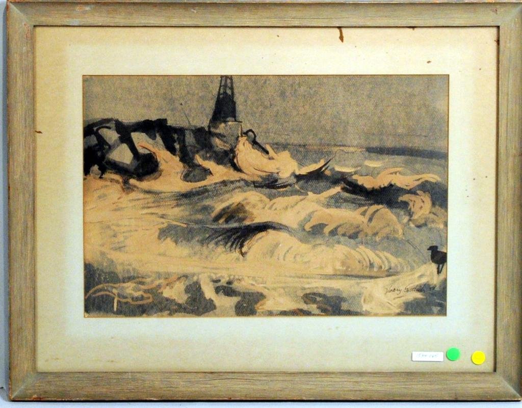 H. Gottlieb (Am), Framed Watercolor Seascape: Harry Gottlieb (Am. 1895-1993) framed watercolor seascape with lighthouse and gull, signed, dated l.r. "Harry Gottlieb '58", not examined out of frame. Sight 14" by 20 3/4", overall 23" by 29 1/2".