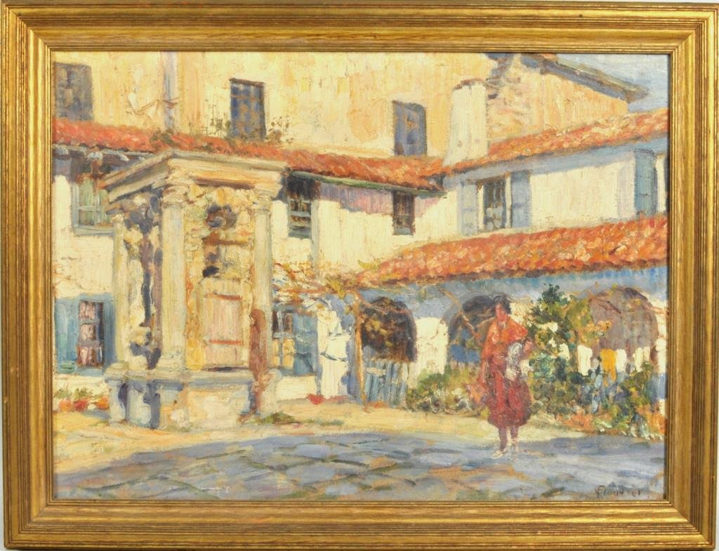 L. Floutier, Woman in Courtyard, Oil on Board: Louis Benjamin Hughes Floutier (Fr. 1882-1936), "Woman in Courtyard", oil on board, signed lower right Floutier. Sight: 13 1/4" high, 18 1/4" wide; Frame: 16" high, 21" wide. Condition: light soiling.