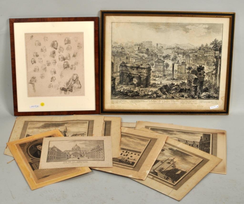 Group Eleven Early Engravings: Eleven engravings, 18th/19th century, comprising possibly Daniel Berger (German 1774-1824) after John Huber from 52 portrait studies of Voltaire, etching, a Giambattista Piranesi engraving, both frame