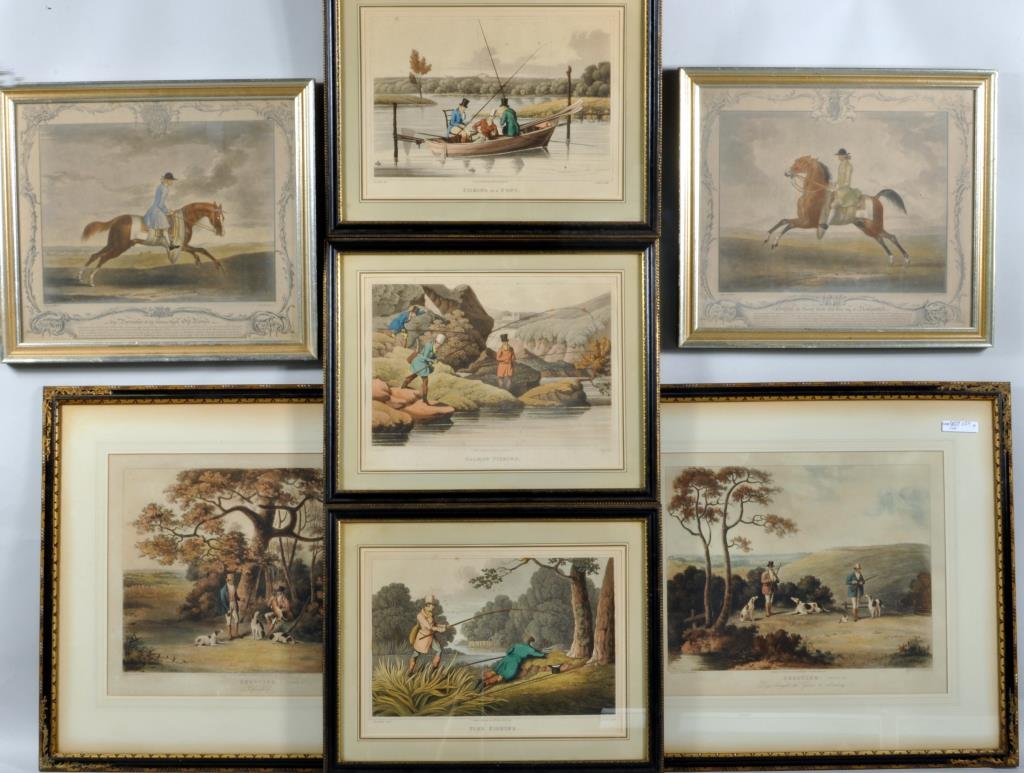 Group Seven Framed Sporting Theme Prints: Seven sporting prints 19th century, including "Shooting Plate Three" and "Plate Four", published by R. Ackermann 101 Strand May 1, 1823, three fishing prints after Henry Alken, published by T McLean, 