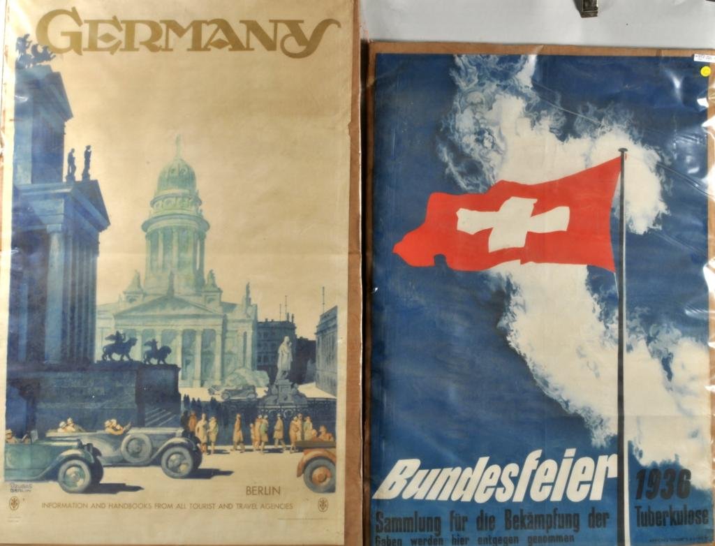 Two Continental Travel Posters: Two continental travel posters, 20th century, comprising "Germany" and "Bundesfeier". 36" high, 25" wide to 39 3/4" high, 25" wide. Condition: edge tears, losses to Germany, folds, toning, light soili