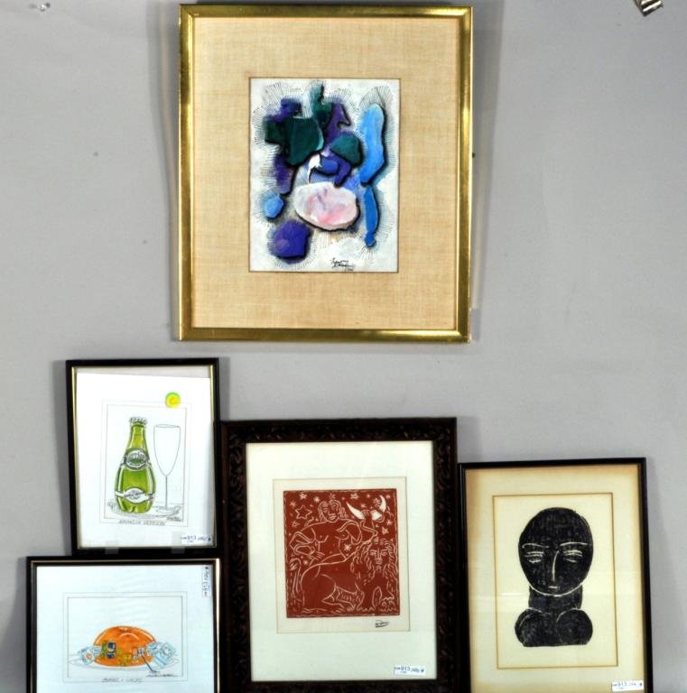 Group Five Framed Artworks, 20th Century: Five artworks, 20th century, comprising: Gregory D'Alessio, NY, 1904 - 1993, 'Abstract', gouache and ink on paper, signed, dated, lower right Gregory D'Alessio 1966; after Andre Derain, French, 1880 -