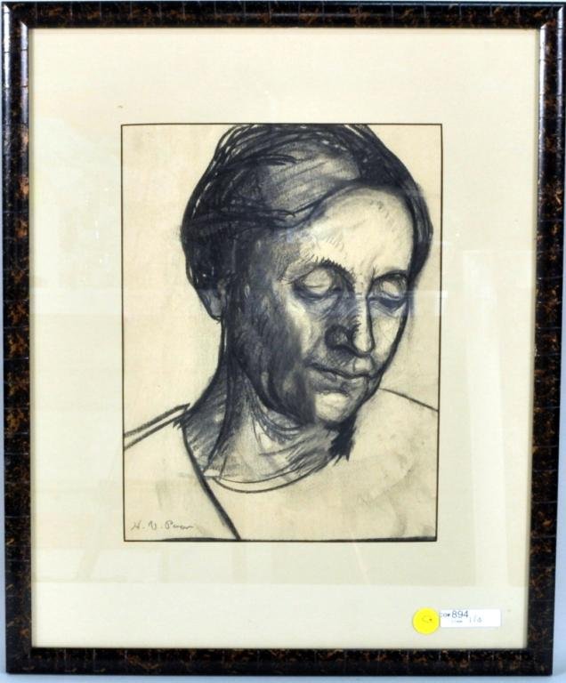 Henry Varnum Poor, Charcoal on Paper: Henry Varnum Poor, (Amer. 1887-1970), "Portrait" charcoal on paper, signed in pencil lower right HV Poor, framed, not examined out of frame. Sight size: 12" high, 9" wide; frame size: 19 1/2" high, 16