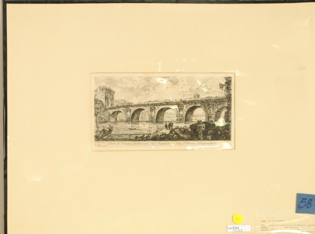 Giovanni Battista Piranesi, Etching: Giovanni Battista Piranesi (It. 1720-1778), "Bridge of Rimino Built by Emperors Augustus and Tiberius", etching, signed, titled, numbered in plate lower border Piranesi Fecit Rav. 16. Label on mat low