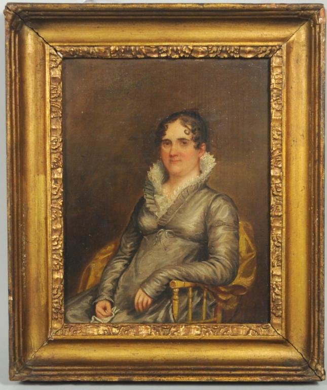 Framed Oil/Canvas Portrait Seated Lady: Attributed to John Wesley Jarvis (American, 1780-1840), "Portrait of Mrs. Samuel Johns, Wife of First President of Columbia University", oil on panel, unsigned, label on verso Ferargil Galleries New Y