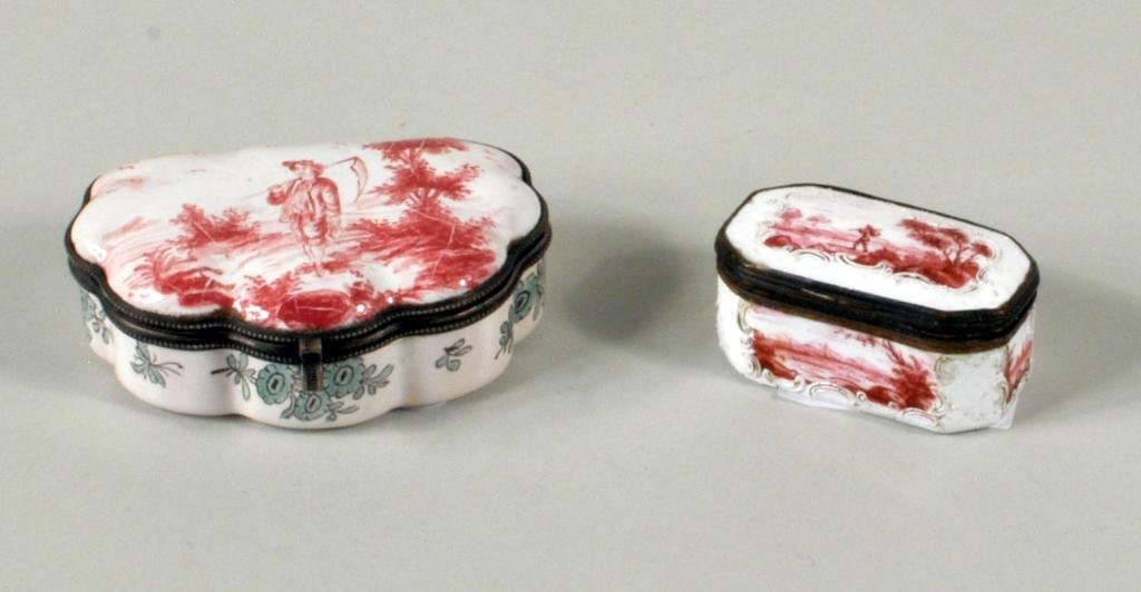 Two French Enamel Boxes: Two French enamel on copper boxes, 19th century, comprising a shell shaped box with scene of young farmer and scythe, initialed on base SX and a small rectangular box depicting a traveler. 1 3/8" wide