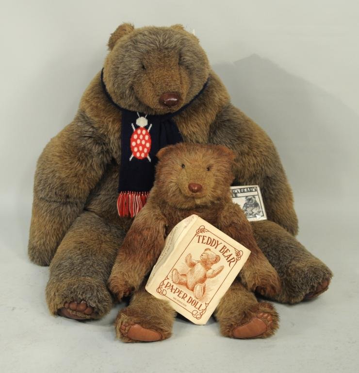 Two Large "TR's Bears" Stuffed Bears: Two large teddy bears, 20th century, made by Charleen Kinser Designs, Boalsburg, Pennsylvania, with leather noses and pads, glass eyes with one original tag and packet of teddy bear paper dolls. 23" h