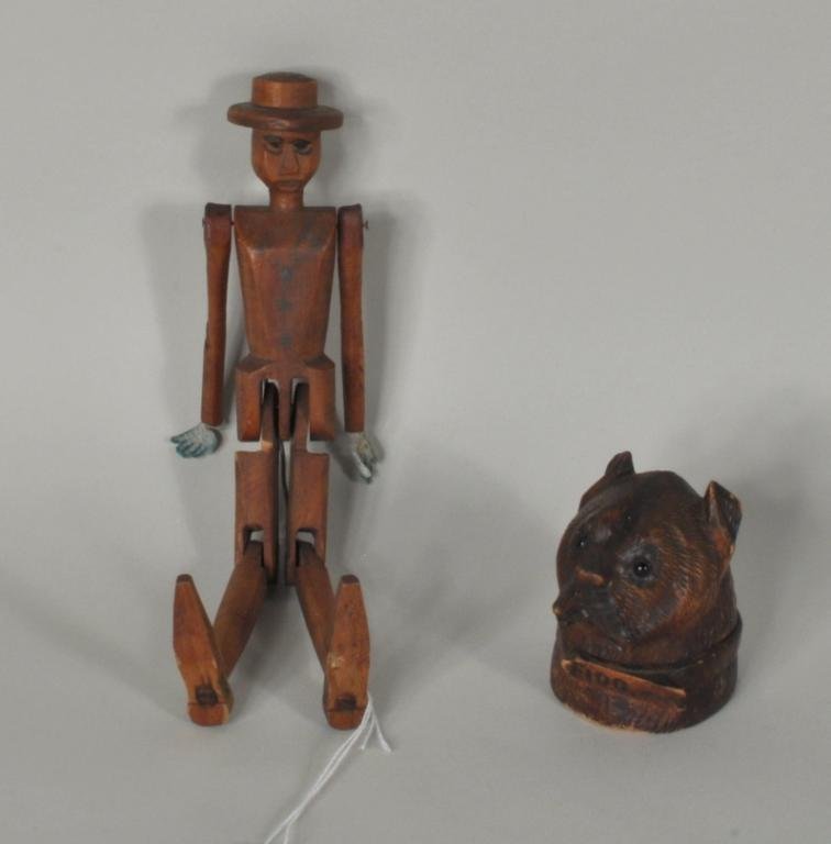 Two Carved Wood Items, Inkwell & Folk Art Man: Two carved wood items, 19th/20th century, comprising a folk art jointed male puppet and an English dog form "Fido" inkwell with glass eyes, inkwell,provenance Thomas Donahue. 3" high, 2 1/4" wide and 