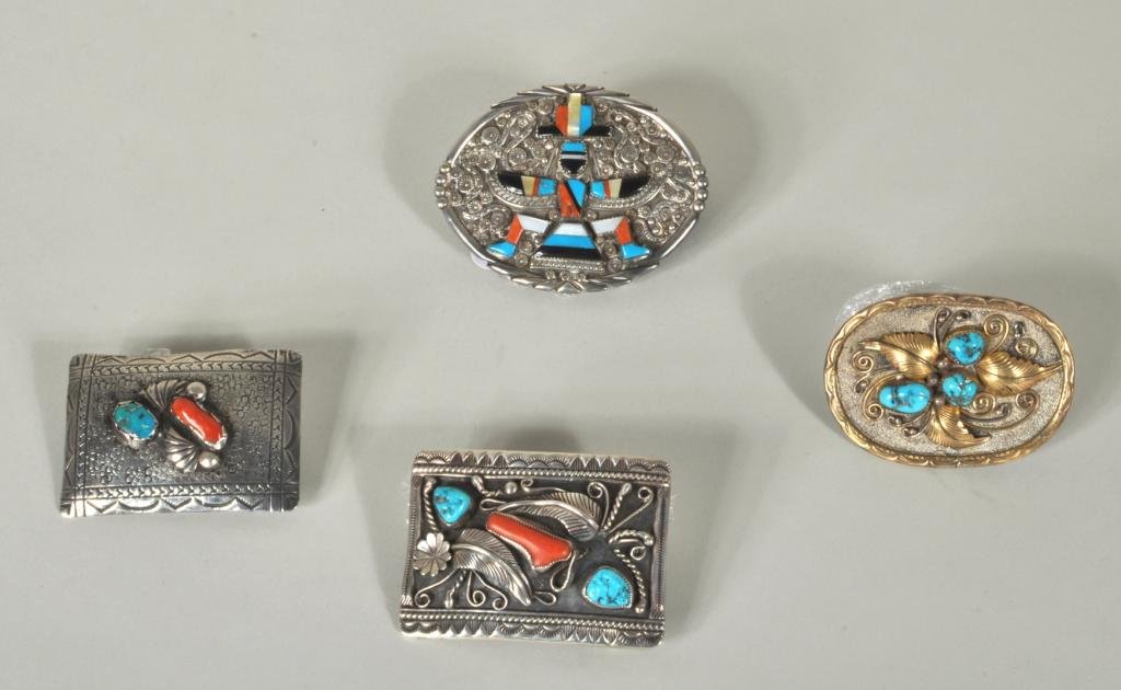 Group Four Native American Silver Buckles: Group four Native American sterling, turquoise, coral and multi-stone buckles, 20th century, comprising a knifewing buckle signed Gary and Paulinis Vacit Zuni, two square buckles signed SB and RKY and