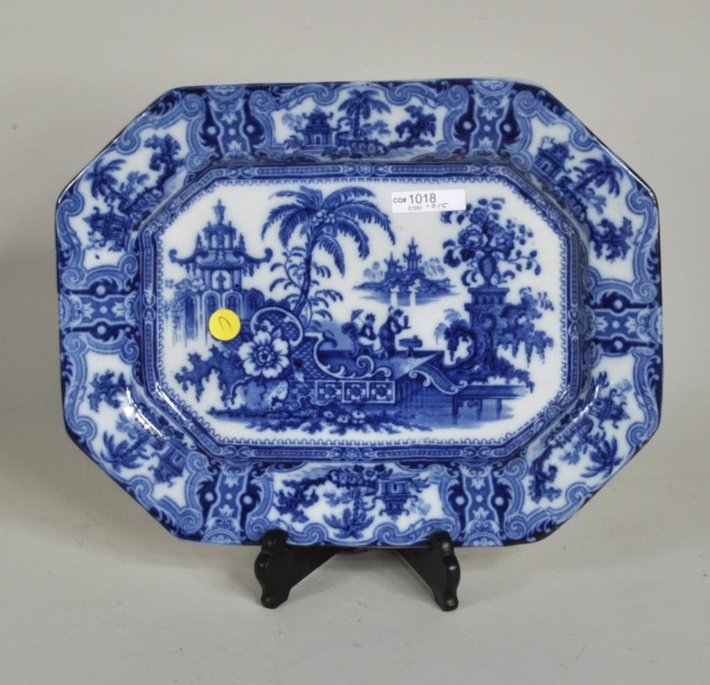 English Flow Blue Platter: English flow blue platter, 19th century, in the "Kyber" pattern by W. Adams & Sons. 11" high, 14 1/4" wide.