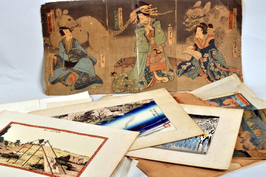 Eleven Japanese Woodblock Prints: Eleven Japanese woodblock prints, 18th/19th century, including Utagawa Kunisada 1786-1865 "The Vampire Cat Story", the flute player (like a rat) wishes to rob the Yoshiwara girl but her attendant (or 