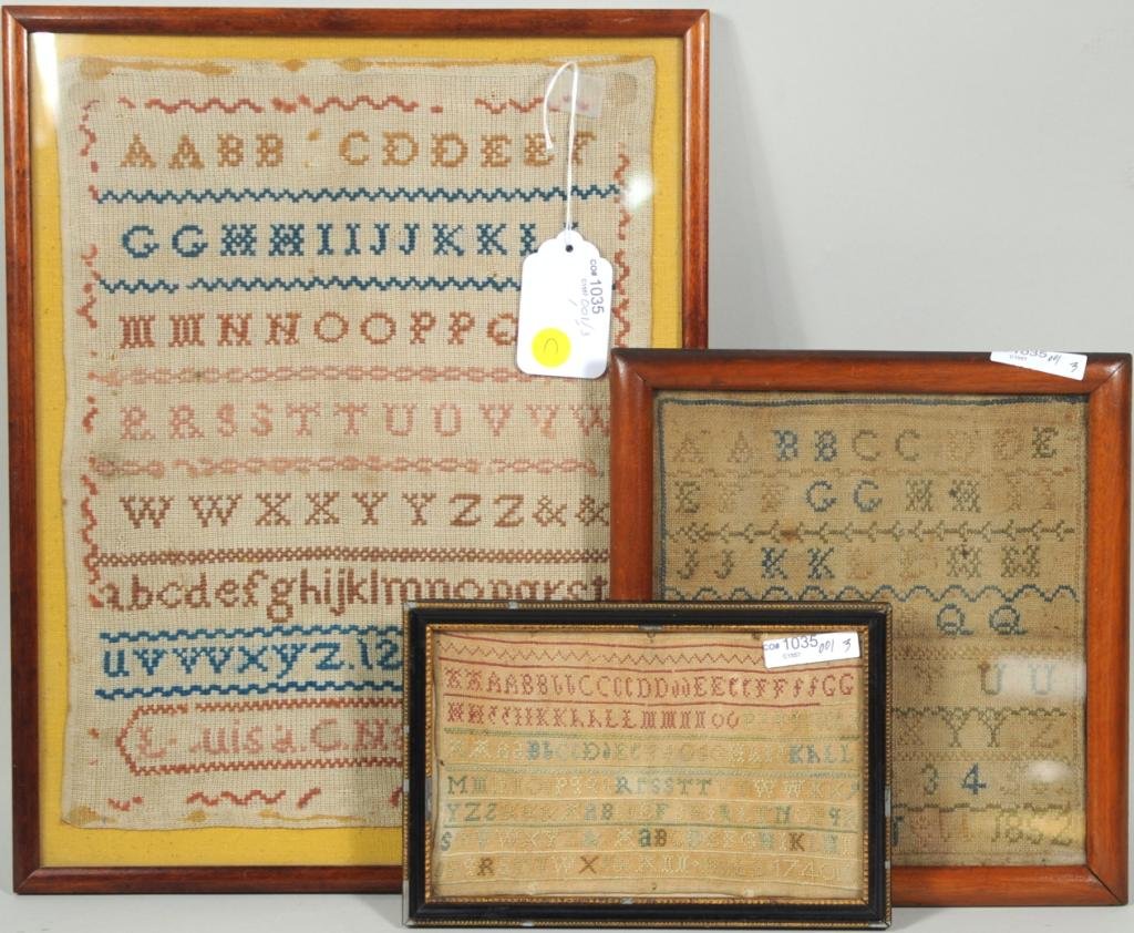 Group Three Alphabet Samplers, 18th/19th C.: Group of three alphabet samplers, 18th/19th century, comprising a small work signed Hill and dated 1740, one signed Anne Morrell 1852, the last signed Louisa C Nash dated 1862, all framed, not examine
