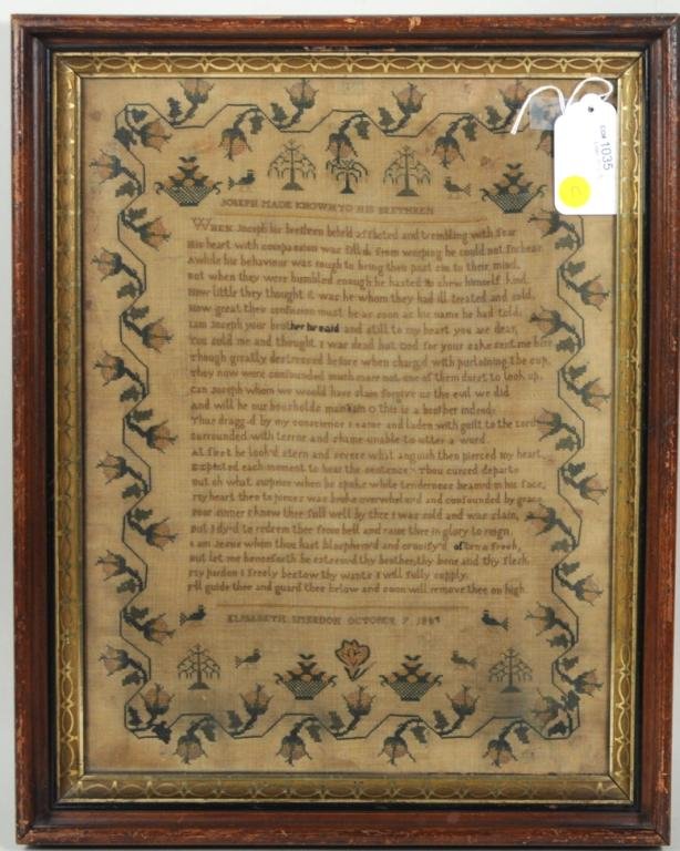Biblical Sampler, 19th C.: Biblical sampler, 19th century, worked by Elisabeth Smerdon, dated October 7, 1843, with bible "brethren" bordered by rosebuds, birds and trees, framed, not examined out of frame. Sight size: 16 1/4" 