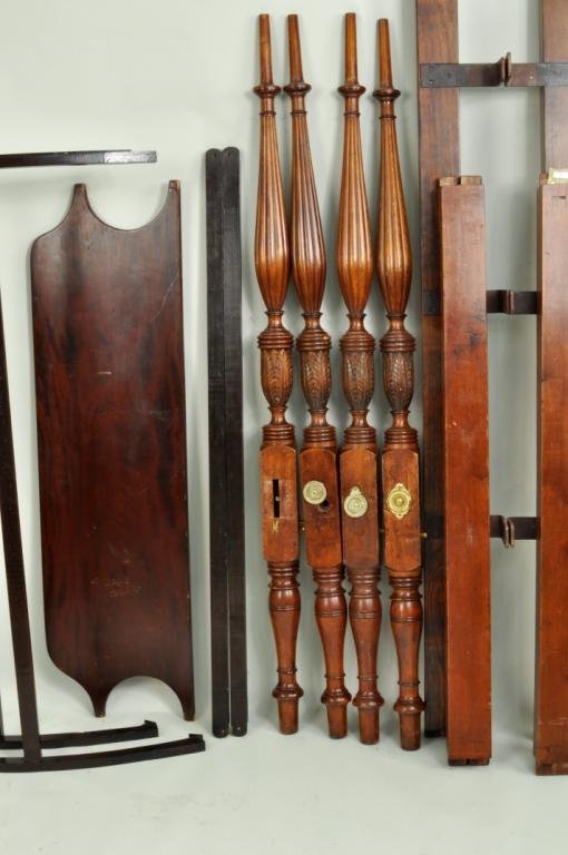 Sheraton Carved Maple Country Field Bed: American Sheraton carved maple field bed, with turned and reeded posts with acanthus carved details, and including all rails, headboard and arched tester. Posts 66" high, headboard 14 1/4" high, 50 3/