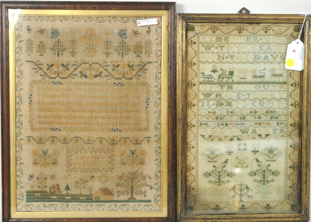 Two Samplers, 18th/19th C.: Two samplers, 18th/19th century, comprising the first worked by Mary Waller, dated 1785 with poem enclosed by animal and floral work; the second by Louisa Miers, dated 1853, having flowers and butterf