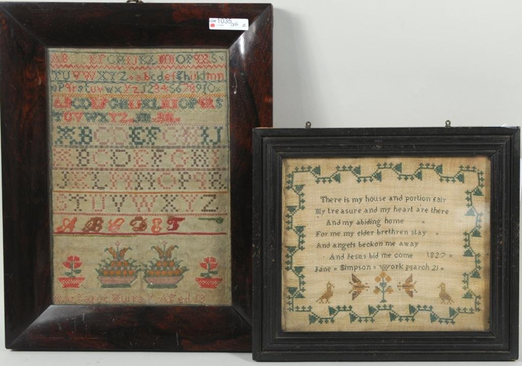 Two Samplers, 19th C.: Two samplers, 19th century, comprising a small work with religious quotation by Jane Simpson March 21, 1827, and an alphabet sampler by Margaret Murray, aged 13, both framed, not examined out of frame