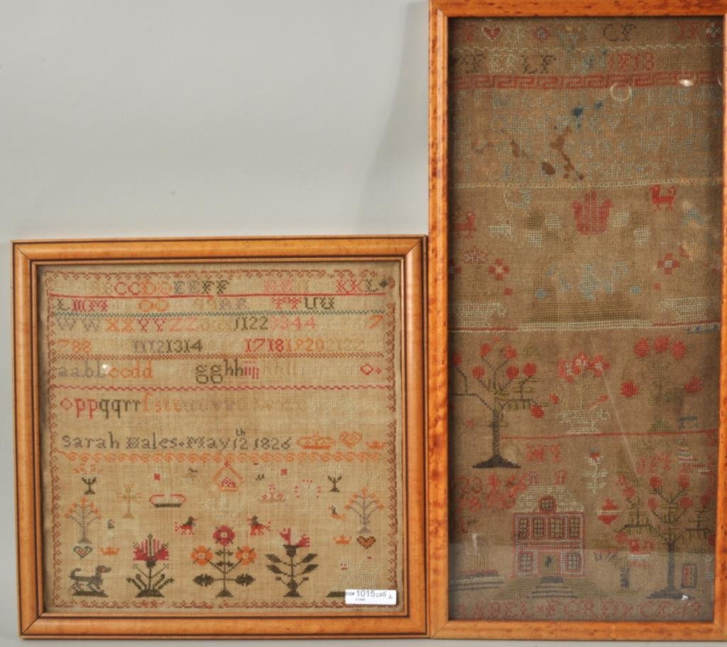 Two Framed Linen Alphabet Samplers: Two multicolored linen alphabet samplers, 19th century, comprising one signed "Sarah Hales May 12th 1826" with alphabet over dogs and flowers and one signed "Isobel Ford aged 13" with alphabet above, 