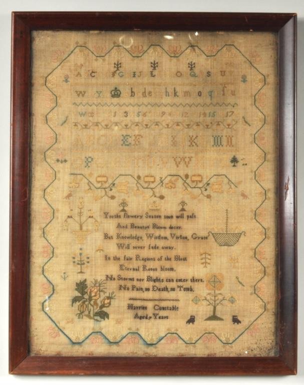 Framed Alphabet Sampler, Harriet Constable: Linen multicolored alphabet sampler, 19th century, signed "Harriet Constable aged 7 years". Alphabet above poem enclosed by flowers and birds below. Framed, not examined out of frame. Sight size: 17" 