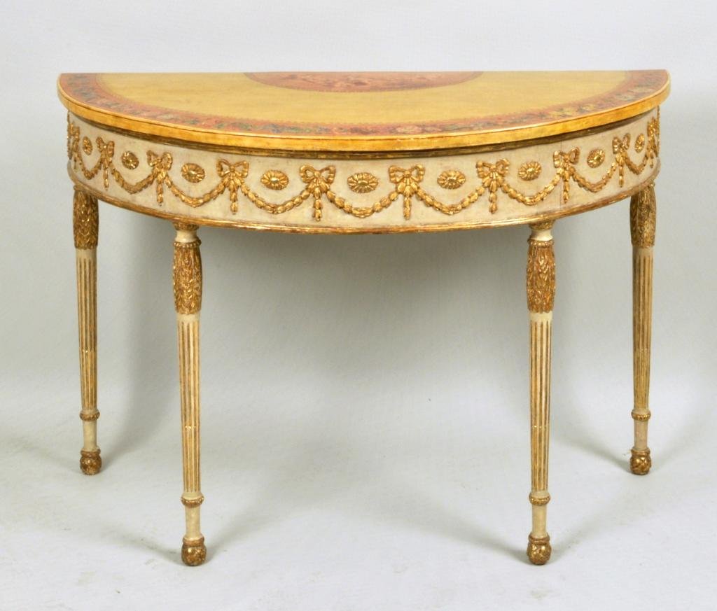 George III Satinwood Adam Decorated Console Table: English George III Adam decorated console table in the manner of George Brookshaw, 19th C.,demilune shaped top with hand painted cherub group; floral and butterfly border over gilt ribbon and swag app
