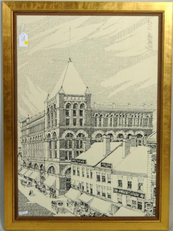 K. Larson, Framed Pen/Ink CT State Capitol: Kenneth Alan Larson, (Amer. 1947-1994), from the Bushnell Park series: "The Capitol Building from the River", pen and ink on paper, no visible signature on verso artists' label and label stating signe