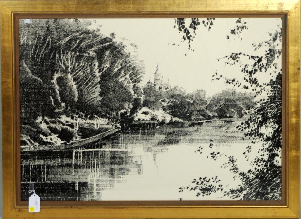 K. Larson, Framed Pen/Ink Brown-Thompson Bldg: Kenneth Alan Larson, (American, 1947-1994), "The R & F Cheney Building" pen and ink on paper signed in pencil upper right K. A . Larson 3/1981, framed, not examined out of frame. Artists' label on ver