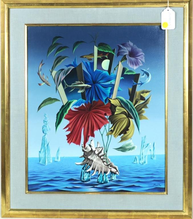 Pierre Ino, Surrealist Floral & Marine Still Life: Pierre Ino, (French 1909-1989), "Surrealist Floral and Marine Still Life" oil on canvas, signed lower right "Pierre Ino". Sight size: 21 1/2" high, 17 3/4" wide; frame size: 28 3/4" high, 24 1/2" wide