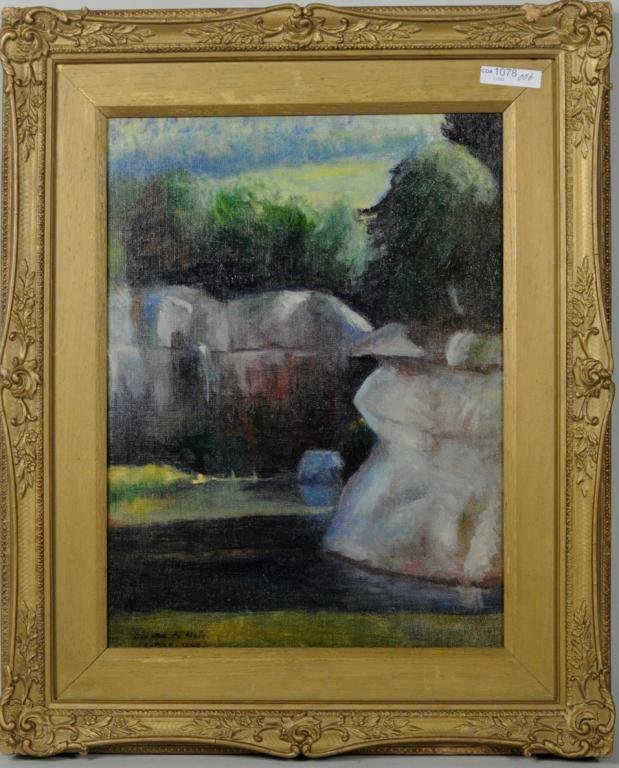 Guy Pene du Bois, "Norfolk Connecticut", O/C: Guy Pene du Bois (Amer. 1884-1958), "Norfolk, CT", oil on canvas, signed, titled, lower left Guy Pene du Bois, Norfolk, CT. Condition: relined. Sight size: 15 1/2" high, 11 1/2" wide; frame size: 22"