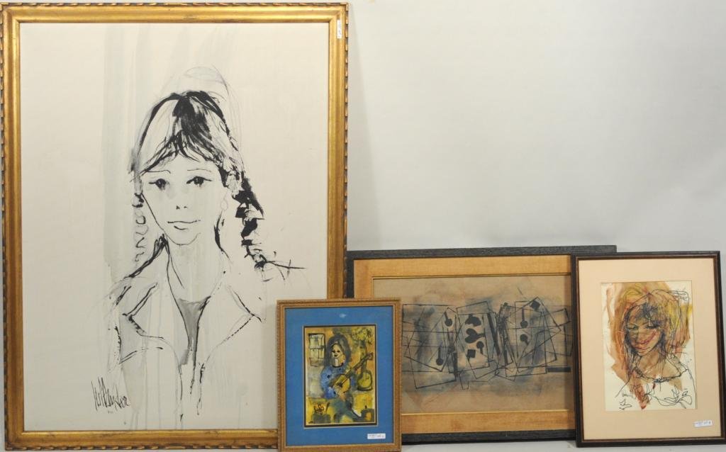 G. Hollander, Two Framed Artworks Young Girl: Gino Hollander (Am. b. 1924) two framed artworks of young girl, both signed, one a large oil on canvas, the other a watercolor, together with two signed abstract artworks, one of a girl and signed "JB
