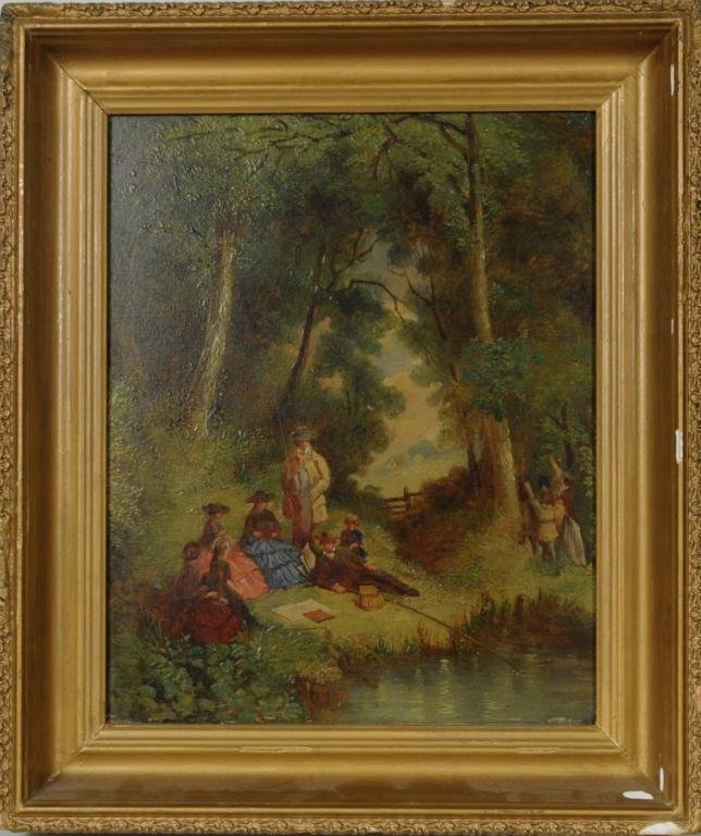 Hudson River School, Picnic Scene, 19th C.: Hudson River School, 19th century, " Picnic Scene", oil on board unsigned. Sight size: 12 3/4" high, 10 1/4" wide; frame size: 17" high, 14 1/2" wide. Condition: horizontal crack to right middle edge 