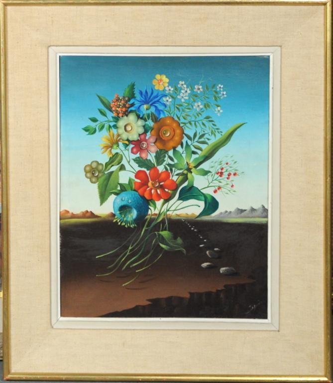 Georges Spiro, "Fleurs Larmby-Antes" O/C: Georges Spiro (French 1909-1994), "Fleurs Larmby-Antes" oil on canvas, signed lower right Spiro, verso title, No. 11. Sight size: 15 3/4" high, 12 1/2" wide; frame size: 22 3/4" high, 19 1/2" wide.