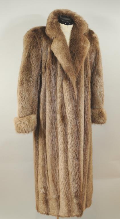 Full Length Possibly Beaver Fur Coat: Full length possibly Beaver fur coat, 20th century. 16 1/2" across, 50" long.
