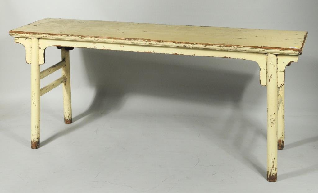 Chinese Wood Altar Table: Chinese wood altar table, 19th/20th century, in old white over black finish. 30 1/2" high, 72" wide, 19 1/4" deep. Condition: age cracks, paint wear, loss.