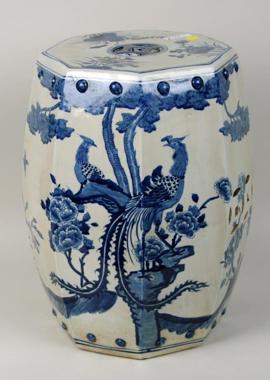 Asian Porcelain Garden Seat: Asian porcelain garden seat, 20th century, 17 1/2" high, 13 1/2" wide.