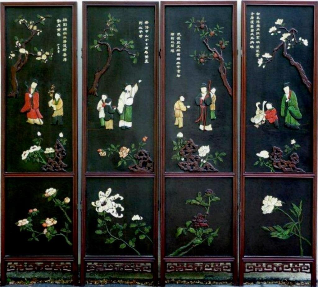 Chinese Qing Dynasty Four-Fold Inlaid Screen: Chinese Qing Dynasty four-fold inlaid screen, depicting representative scenes of four known historic Chinese poets, Wang Wei, Li Bo, Du Fu and Wang Xizhi, along with poems, inlaid with mother-of-pearl
